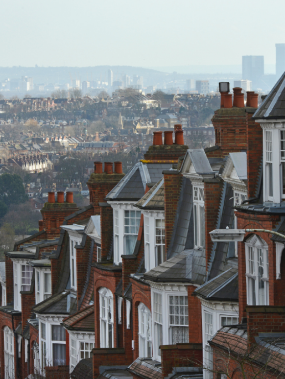 A descending row of brick houses